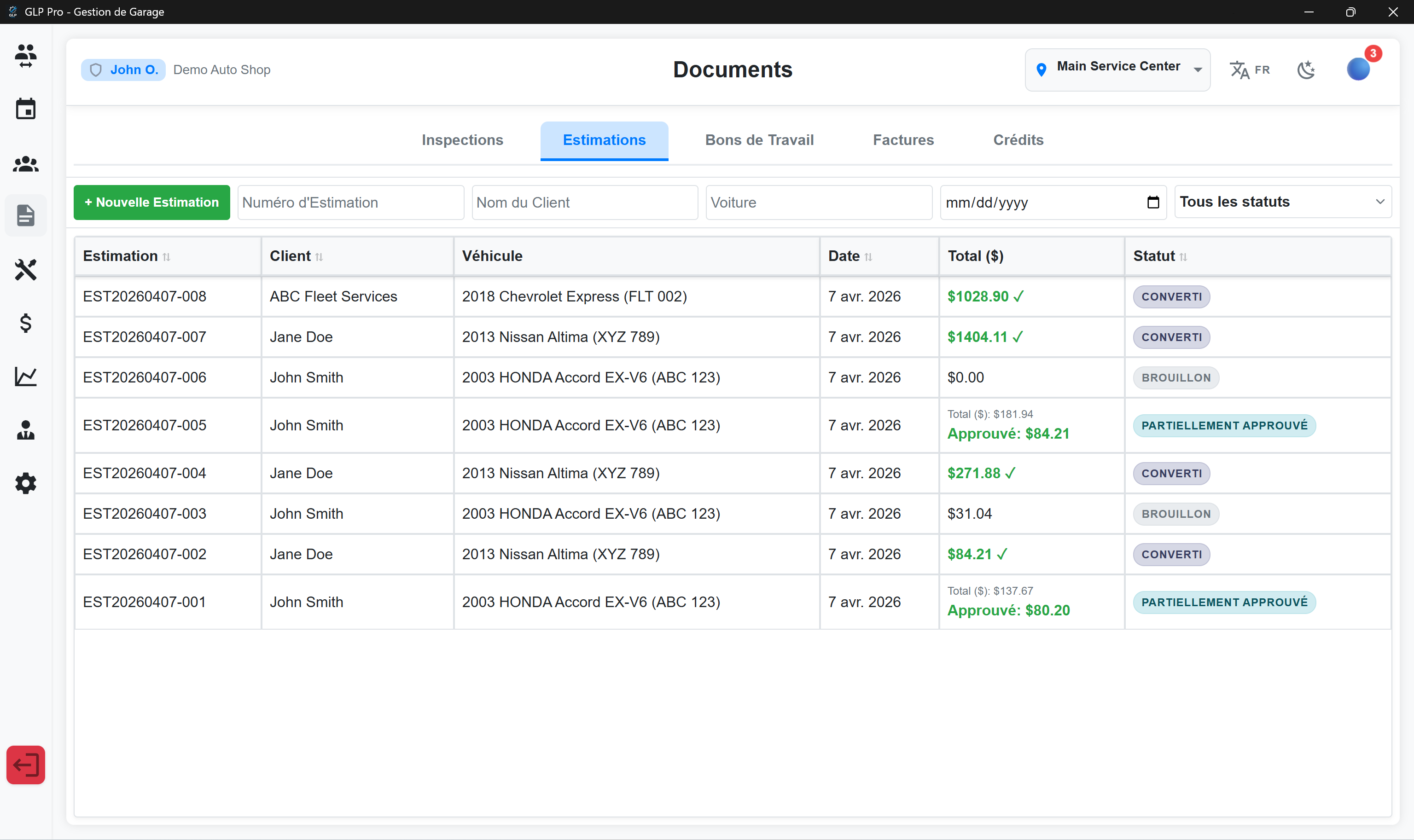 GLP Pro documents dashboard showing estimates, work orders and invoices