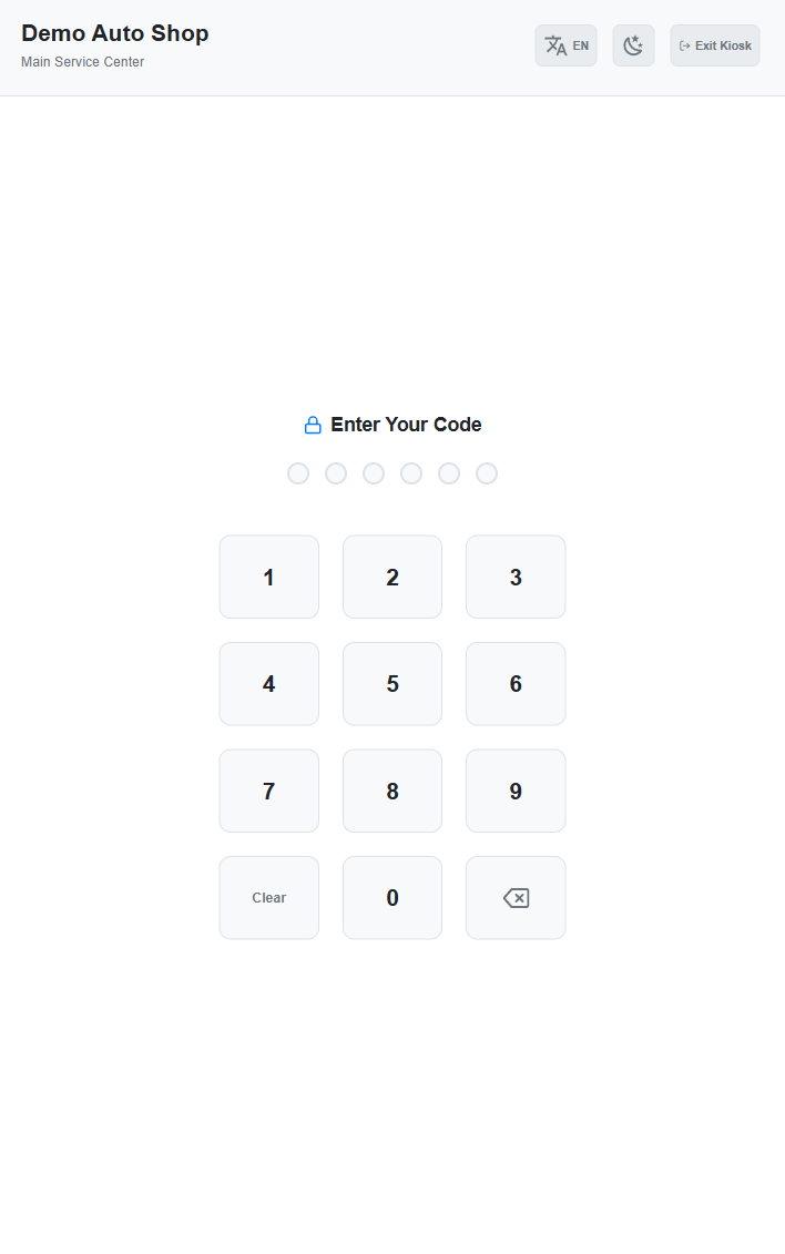 GLP Pro technician kiosk PIN login on a shop tablet