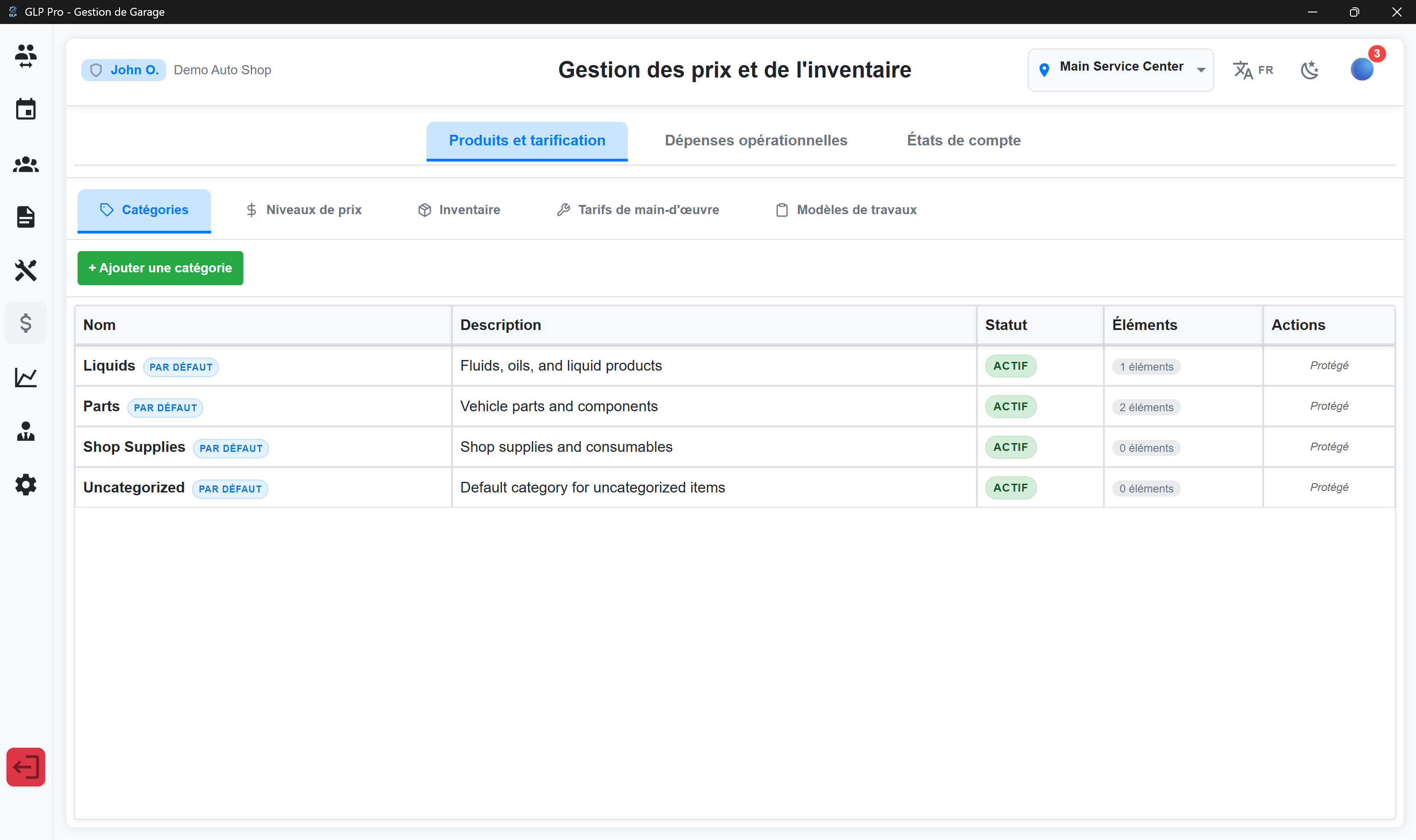 GLP Pro parts and labor pricing and inventory screen